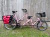 Rosa Hüpferling, 26/20 Zoll, 47-er Reifenbreite, Rahmenhöhen: vorne 33, hinten 56, Länge des Tandems: 225cm