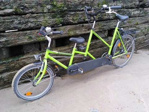 Eltern Kind Tandem vor vermooster Plankenwand eines Schiffswracks