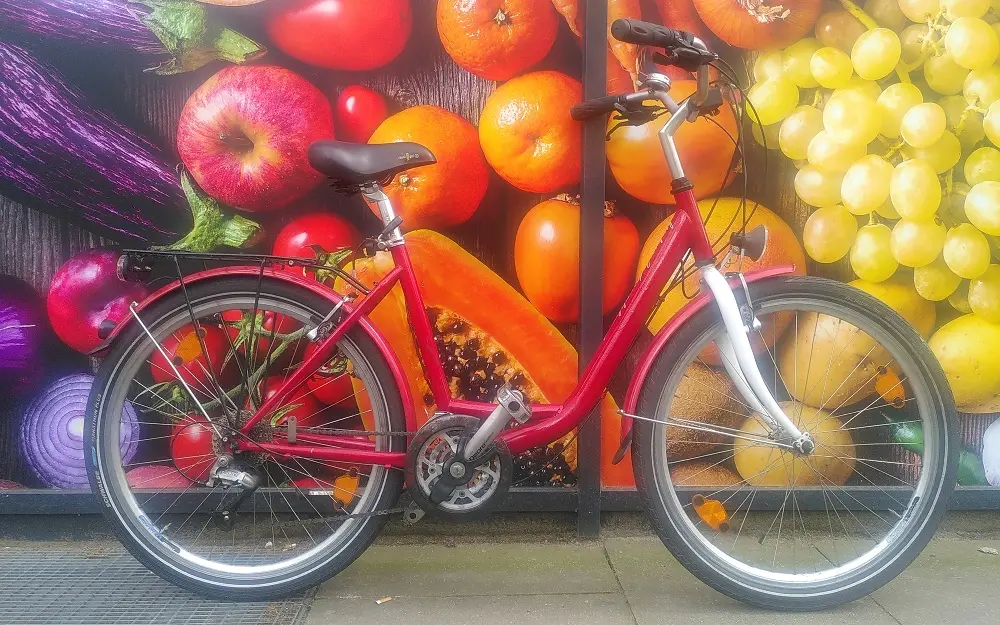 Rot-weißes Damen Monotube Fahrrad vor Fotowand mit buntem Obst